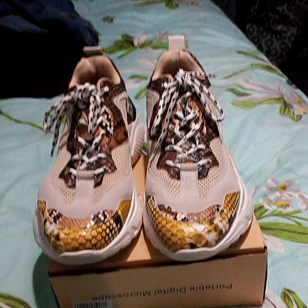 Steav madden sneakers snake skin brown with white heel woman's we're two times